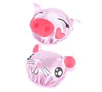 DINHEAROM 2 Pcs Adjustable Waterproof Shower Caps, Lightweight Satin and Eva Material Bath Hats with Elastic Band, for Showering and Travelling, Pink Cartoon Design