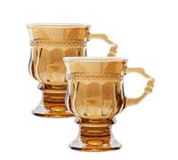 DINHEAROM 2Pcs Amber Retro Style Glass Goblets with Stem Handle, Vintage Black Tea and Milk Cups for Home Dining and Beverage Serving