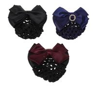 DINHEAROM 3Pcs Elastic Bowknot Hair Nets with Coarse Mesh and Rhinestone Detail for Women’S Ballet and Professional Work Hair Bun Covers in Burgundy Blue Black
