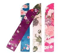 DINHEAROM 4pcs Japanese Style Hand Fan Cover Set Satin Double-layer Folding Fan Sleeve Pouch in Rose Red Light Blue Purple White with Green Floral Pattern for Travel