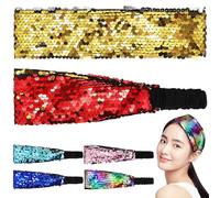 DINHEAROM 6 Pcs Reversible Sequin Headbands Elastic Glitter Hairbands Non-slip Sparkly Hair Accessories for Disco Parties Proms Rave Events
