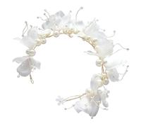 DINHEAROM Bridal White Sheer Cloth Flower Headband with Pearl Decoration Lightweight Wedding Hair Accessory for Women Bridesmaids Parties Proms
