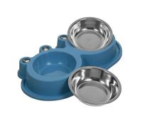 DINHEAROM Double Pet Feeder Bowl with Moat, Stainless Steel Non-spill Cat Feeding Dish, Small Navy Blue Anti-ant Water and Food Bowl for Cats and Puppies