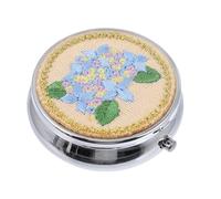 DINHEAROM Hand-Embroidered Mini Pill Organizer Box with 3 Compartments, Round Metal Embroidery Applique Storage for Balm, Jewelry, and Lipstick, Moisture-Resistant Daily Use Case for Travel