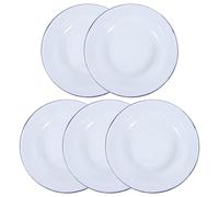 DINHEAROM Hot Pot Enamel Plates Round 16Cm Diameter Set of 5 White with Blue Rim Stackable Serving Plates for Snacks and Family Meals