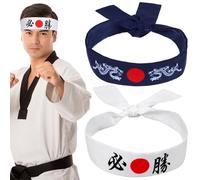 DINHEAROM Japanese Bushido Headband 2pcs Set with White Victory and Blue Serpent Designs, Sweat Absorbent Sports Headband for Men Yoga Running Karate Fitness Hair Accessory