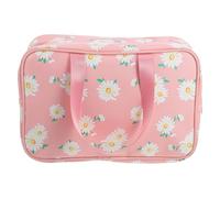 DINHEAROM Large Capacity Pu Cosmetic Bag with Handle Waterproof Makeup Organizer for Travel and Vacation, Beautiful Flower Pattern Pink Toiletries and Cosmetics Bag