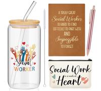 Dinifee 4 Pcs Social Worker Gifts for Women Include 16 oz Glass Tumbler Mug with Straw Brush A5 Leather Notebook Makeup Bag and Ballpoint Pen Social Work Gifts for BSW MSW(Elegant Style)