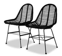 Dining Chair 2pcs Black Natural Rattan Seat Wrought Iron Legs 48x61x85cm 2pc Set