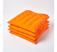 Homescapes Chair Cushions Plain 100% Cotton with Button Straps 40x40 cm Set of 6 Orange