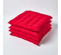 Homescapes Seat Pads Plain with Button Straps 100% Cotton 40x40 cm Set of 4 Red