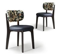 Dining Chairs Set of 2 - Solid Wood Frame HighDensity Foam Curved Backrest Black Blue Leather & Floral Upholstery - Stylish Dining Room Furniture