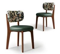 Dining Chairs Set of 2Solid Wood Frame HighDensity Foam Curved Backrest Walnut Finish Green Leather & Floral Pattern Cushion for Chic Dining Room Style