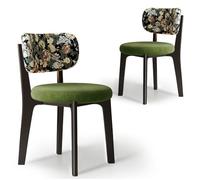 Dining Chairs Set of 2Solid Wood Frame HighDensity Foam Cushion Curved Back Design Black Green Floral Velvet UpholsteryChic Home Dining Room Decor