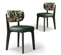 Dining Chairs Set of 2Solid Wood Frame HighDensity Foam Cushions Curved Backrest Black Green Leather & Floral Design Stylish Home Decor for Dining Room