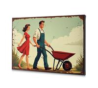 Dining Room Decor A Man Pushing A Wheelbarrow With A Woman Walking Beside Him. Canvas Decorative Picture Home Wall Decor Decorative Plates(20x30cm)