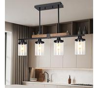 Dining Room Light Fixture Over Table, Farmhouse 4-Light Kitchen Island Lighting, Modern Wood Chandelier with Adjustable Height, Large Industrial Black Pendant Lights Ceiling Hanging for Living Room