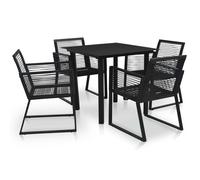 Dining Set 5pc Black PVC Rattan Glass Top Table 80x80cm SteelFrame + 4 Armchairs