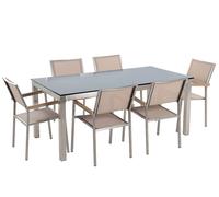 Beliani Garden Dining Set 6 Seater Grosseto Tempered Glass Black/ Beige