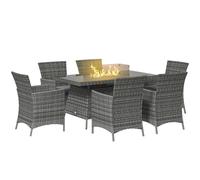 Dining Set 6-Seater PE Rattan Fire Pit Table Grey 150x85x74cm Steel Glass w/Cush