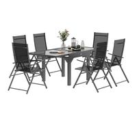 Dining Set 7pc Black Aluminium Tempered Glass Table Texteline Chairs 180x90x75cm