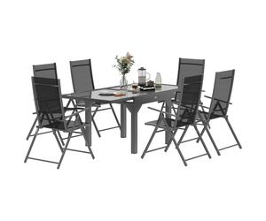 Dining Set 7pc Black Aluminium Tempered Glass Table Texteline Chairs 180x90x75cm