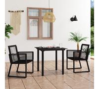 Dining Set Outdoor Black 80x80cm Glass Top PVC Rattan 2 Armchairs Steel Frame XL