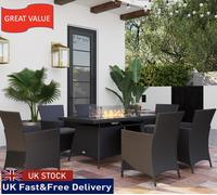 Outsunny Rattan Dining Set w/ Fire Pit Table and Armchairs, Black, Black