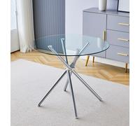 Dining Table, 90cm Glass Top Round Table, Kitchen Table in Stainless Steel Legs