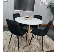 Kosy Koala Dining Table and 4 Chairs White Round Wood Table 4 Black Velvet Chairs Dining Room Furniture, Multi