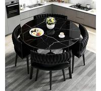 Dining Table and Chairs Set 4, Faux Marble Tabletop with 4 Upholstered Velvet Chairs, Kitchen Table Set for Apartment, for Dining Room,Living Room,Office, Kitchen, Reception (Black stone slabs)
