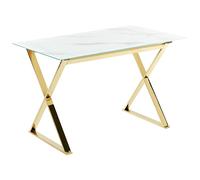 Beliani Glamour Dining Room Table Tempered Glass Glossy Top Marble Effect Gold Legs 120 x 70 cm Attica