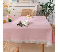 Dining Table Cover,Classic Waffle Weave Tassel Tablecloth Pink Tablecloths Pastoral Table Cloth Natural Cotton Fabric Tablecloth Home Wedding Party Dining Banquet Decoration,130Cm×180Cm