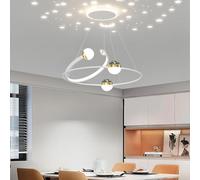 Dining Table Lamp Creative Led Gold 48W Remote Control Dimming Kitchen Island Lamp Classic Height Adjustable Pendant Light Bar Restaurant Living Room Bedroom Office, White, 60cm