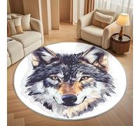 Dining Table Non-Slip Round Area Rug Diameter 100 cm - Cartoon Animal Wolf Head Soft Flannel Low Pile Circular Carpet for Living Room & Bedroom, White Machine Washable Area Mat
