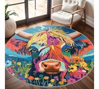 Dining Table Non-Slip Round Area Rug Diameter 100 cm - Painted Floral Highland Cattle Soft Flannel Low Pile Circular Carpet for Living Room & Bedroom, Colorful Machine Washable Area Mat