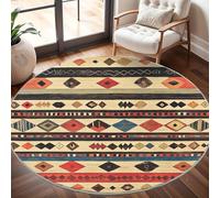 Dining Table Non-Slip Round Area Rug Diameter 100 cm - Tribe Meets Stripes Soft Flannel Low Pile Circular Carpet for Living Room & Bedroom, Brown Machine Washable Area Mat