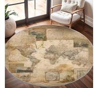 Dining Table Non-Slip Round Area Rug Diameter 100 cm - Vintage World Map Soft Flannel Low Pile Circular Carpet for Living Room & Bedroom, Vintage Brown Machine Washable Area Mat