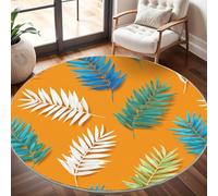 Dining Table Non-Slip Round Area Rug Diameter 120 cm - Colorful Palm Leaf Print Soft Flannel Low Pile Circular Carpet for Living Room & Bedroom, Orange Color Machine Washable Area Mat