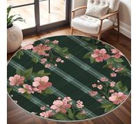 Dining Table Non-Slip Round Area Rug Diameter 120 cm - Retro Pastoral Florals Soft Flannel Low Pile Circular Carpet for Living Room & Bedroom, Dark Green Machine Washable Area Mat