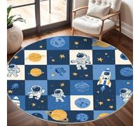 Dining Table Non-Slip Round Area Rug Diameter 160 cm - Cartoon Rocket Astronaut Soft Flannel Low Pile Circular Carpet for Living Room & Bedroom, Blue Plaid Machine Washable Area Mat