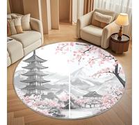Dining Table Non-Slip Round Area Rug Diameter 160 cm - Traditional Japanese Architecture Soft Flannel Low Pile Circular Carpet for Living Room & Bedroom, Pink Cherry Blossom Machine Washable Area Mat