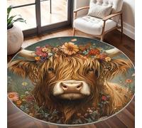 Dining Table Non-Slip Round Area Rug Diameter 180 cm - Colorful Floral Highland Cattle Soft Flannel Low Pile Circular Carpet for Living Room & Bedroom, Retro Green Machine Washable Area Mat