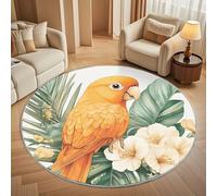 Dining Table Non-Slip Round Area Rug Diameter 180 cm - Orange Parrot Soft Flannel Low Pile Circular Carpet for Living Room & Bedroom, Tropical Florals Machine Washable Area Mat