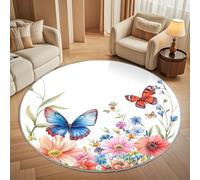 Dining Table Non-Slip Round Area Rug Diameter 200 cm - Colorful Floral Butterfly Soft Flannel Low Pile Circular Carpet for Living Room & Bedroom, White Machine Washable Area Mat
