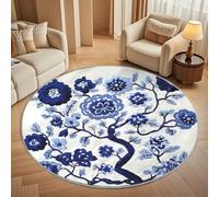 Dining Table Non-Slip Round Area Rug Diameter 80 cm - Chinese Embroidery Plum Blossom Soft Flannel Low Pile Circular Carpet for Living Room & Bedroom, Blue Machine Washable Area Mat
