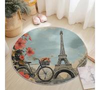 Dining Table Non-Slip Round Area Rug Diameter 90 cm, Retro Architecture Iron Tower Flowers Design, MultiColorful Soft Flannel Low Pile Circular Carpet for Living Room & Bedroom, Machine Washable