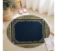 Dining Table Non-Slip Round Area Rug Diameter 90 cm, Simple Greek Pattern Lines Design, Gold Black Soft Flannel Low Pile Circular Carpet for Living Room & Bedroom, Machine Washable