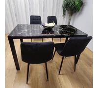 Dining Table of 4 Velvet Black Chairs with Black Marble Effect Glass Table
