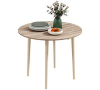 Dining Table Round Drop-Leaf 89cm White Wood Grain Expandable Pine Legs Melamine